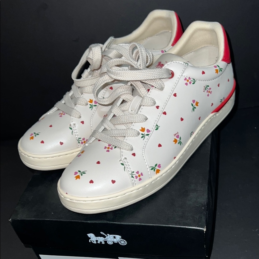 Coach White Floral Sneakers with Red Accents